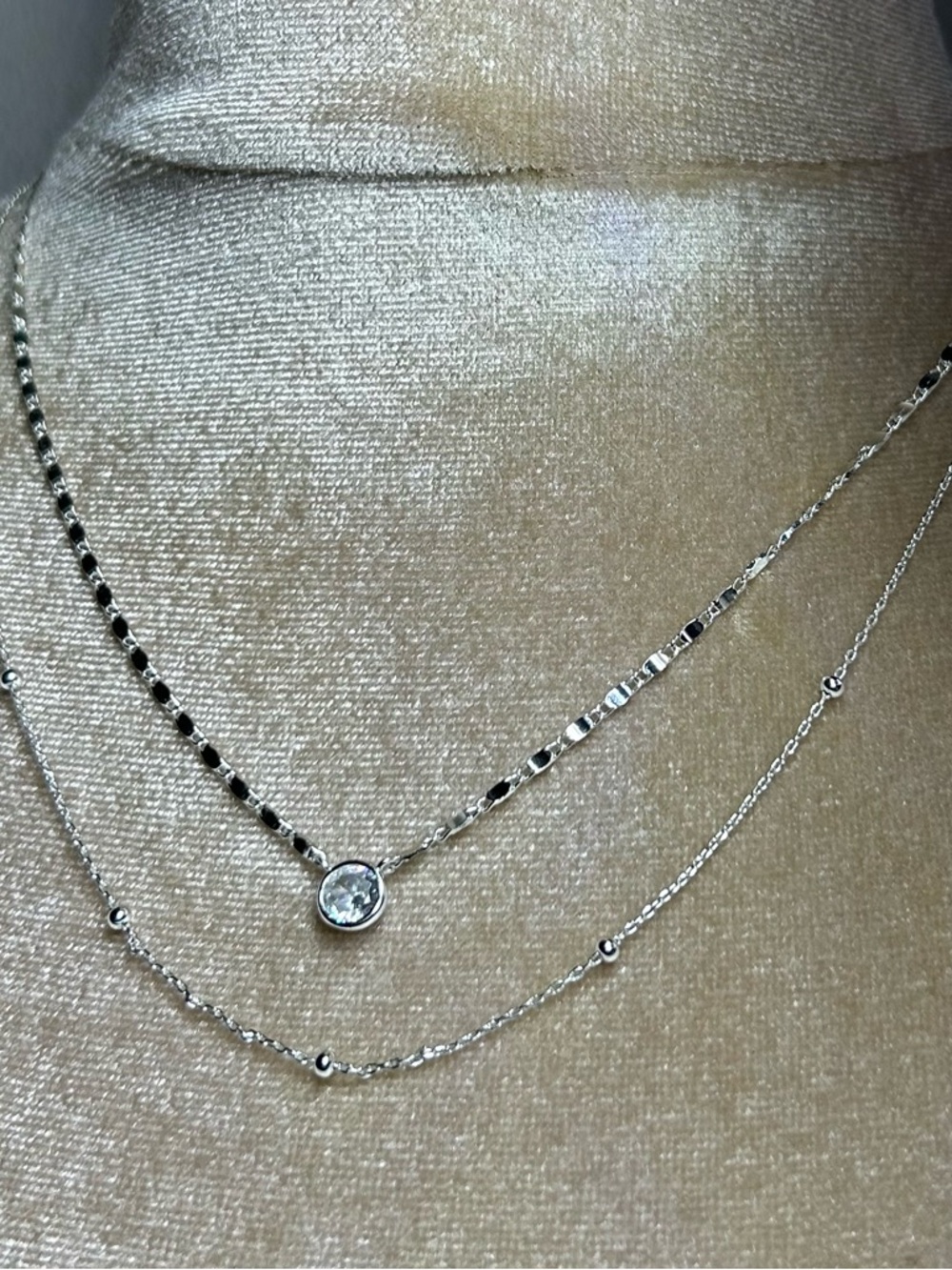 Double layered faceted rhinestone silver tone necklace